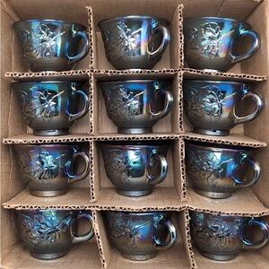 12 Vintage Indiana Iridescent Blue Carnival Glass Punch Bowl Cups Harvest Grape